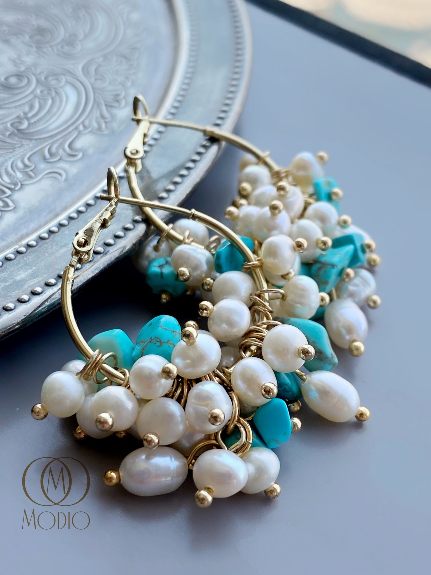 Turquoise pearls earrings